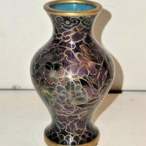 JINGFA Chinese Cloisonne Vase Black Purple Gold Floral Design Miniature 3"